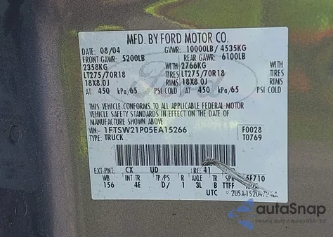 2005 Ford F-250 Lariat/Xl/Xlt из США, поврежденный, VIN 1FTSW21P05EA15266